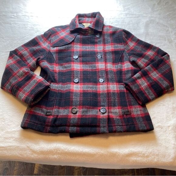 Woolrich Plaid Pea Coat Red Black Gray Size Small - Picture 1 of 13